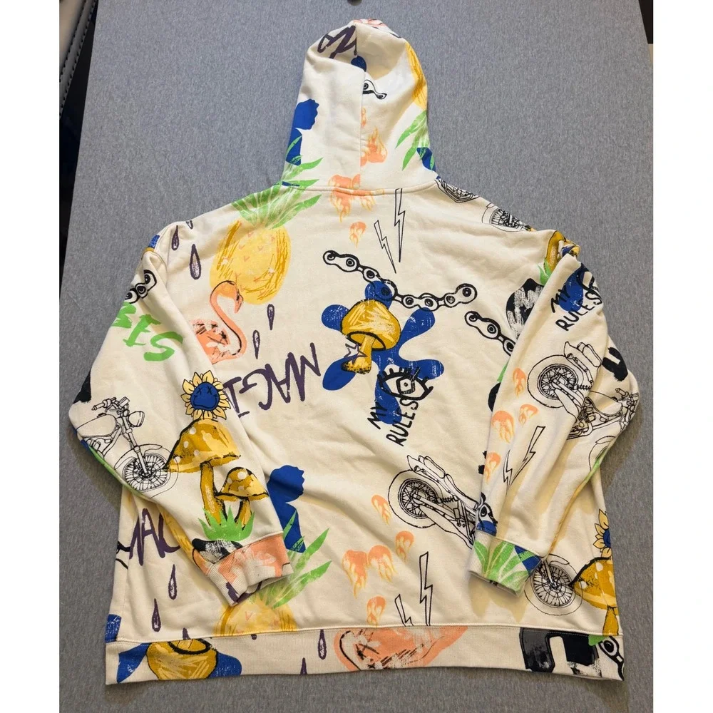 No Boundaries Mens 3XL Oversized Hoodie Doodle Print Mushroom Flamingo Cream